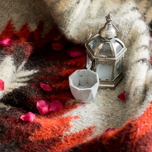 May include: A silver lantern with a glass window sits on a fuzzy, red, white, and black patterned blanket.  A small, gray, geometric concrete planter sits next to the lantern.  Pink rose petals are scattered on the blanket.