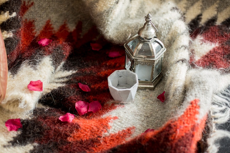 May include: A silver lantern with a glass window sits on a fuzzy, red, white, and black patterned blanket.  A small, gray, geometric concrete planter sits next to the lantern.  Pink rose petals are scattered on the blanket.