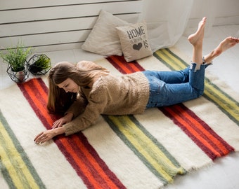 Red Green Wool Rug: Striped Living Room Carpet