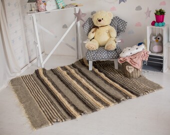 Carpathian Wool Rug: Woolen Pom Pom Stripes, Custom Size