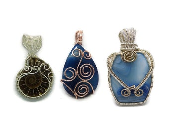 Pendant tinted agate 3 models brown or blue mounting wire wrapping wire plated silver or rose gold