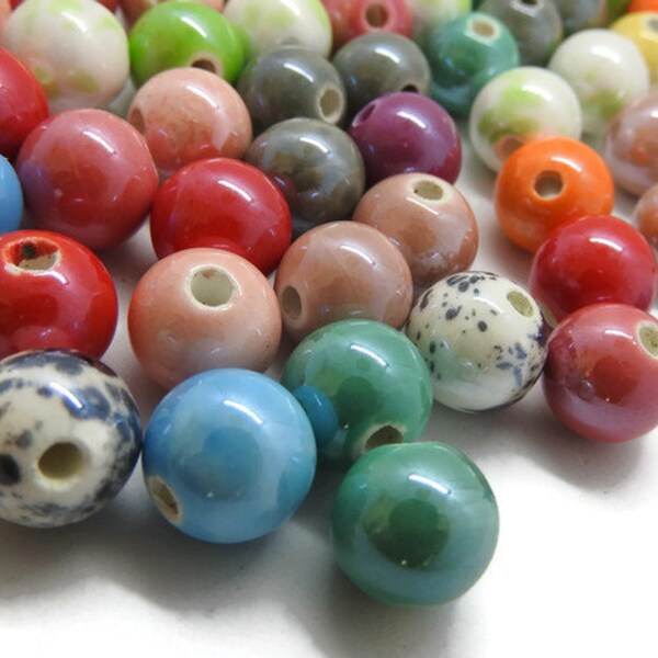 Perles en porcelaine 12mm percées multicolores Coupelle argent antique pour la création de bracelet ou collier