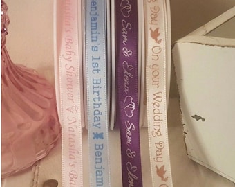 10mm Personalised Printed Ribbon - Wedding Favours, Christening, Baby Shower, Cake Decor, Business Packaging, Gift Wrapping - Made in UK