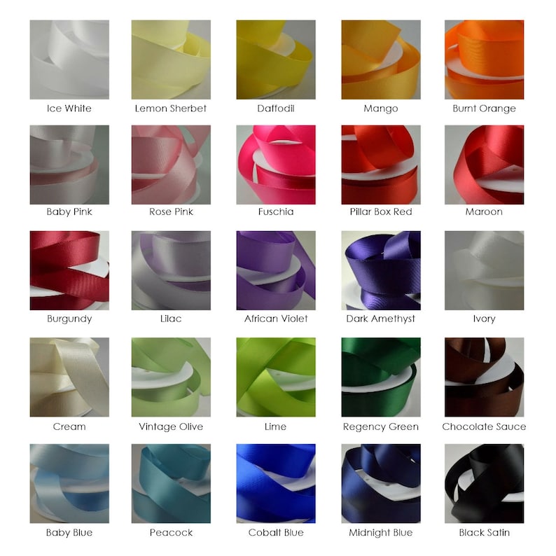 May include: A collection of 25 different colors of ribbon, each displayed on a white background. The ribbon colors include: ice white, lemon sherbet, daffodil, mango, burnt orange, baby pink, rose pink, fuchsia, pillar box red, maroon, burgundy, lilac, african violet, dark amethyst, ivory, cream, vintage olive, lime, regency green, chocolate sauce, baby blue, peacock, cobalt blue, midnight blue, and black satin.