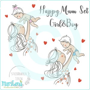 Embroidery file HappyMum SET Girl&Boy 2 files for 13x18 redwork embroidery pattern mum baby embroidery pattern embroidery motif girl boy