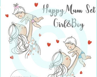 Stickdatei HappyMum SET Girl&Boy 2 Dateien für 13x18 Redwork embroidery pattern mum baby Stickmuster Stickmotiv Mädchen Junge