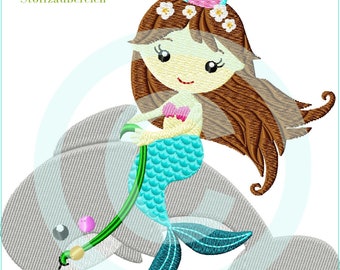 Stickdatei  Meerjungfrau auf Delfin  Füll 13x18 (5x7") Mermaid Dolphin embroidery pattern  Stickmuster Stickmotiv