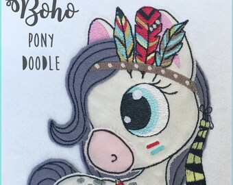 Stickdatei Boho Pony Doodle Appli 13x18 Stickmuster Stickmotiv embroidery pattern pony  doodle appliqué