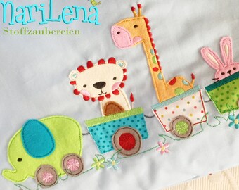 Stickdatei Toytrain Spielzeug Eisenbahn Appli 18x30 Stickmuster embroidery pattern  appliqué Toytrain elephant bunny lion