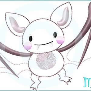 Puede incluir: Un murciélago de dibujos animados blanco con mejillas rosadas y colmillos, con grandes alas moradas extendidas. El murciélago tiene una expresión linda y amigable.