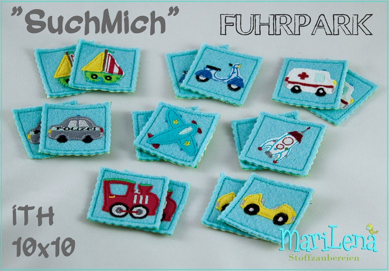 Stickdatei Set SuchMich Spiel Fuhrpark Appli 10x10 Stickmuster Stickmotiv embroidery pattern vehicles Bild 1