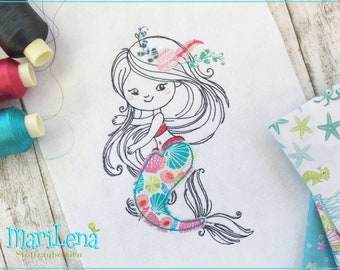 Stickdatei Meerjungfrau Nixe Mermaid 13x18 Redwork Appli embroidery pattern mermaid  Stickmuster Stickmotiv