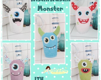 Stickdatei Set Waschlappen Waschhandschuh  Monster  ITH 13x18 Stickmuster Stickmotiv embroidery pattern monster ith appliqué washcloth