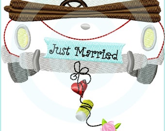 Stickdatei Cabrio Just Married Appli 13x18 (5x7") Hochzeitsauto Stickmuster Stickmotiv embroidery pattern  appliqué wedding