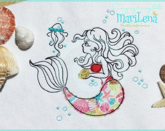 Stickdatei Mermaid Meerjungfrau Redwork Applikation 13x18 (5x7") embroidery pattern Design Stickmuster Stickmotiv