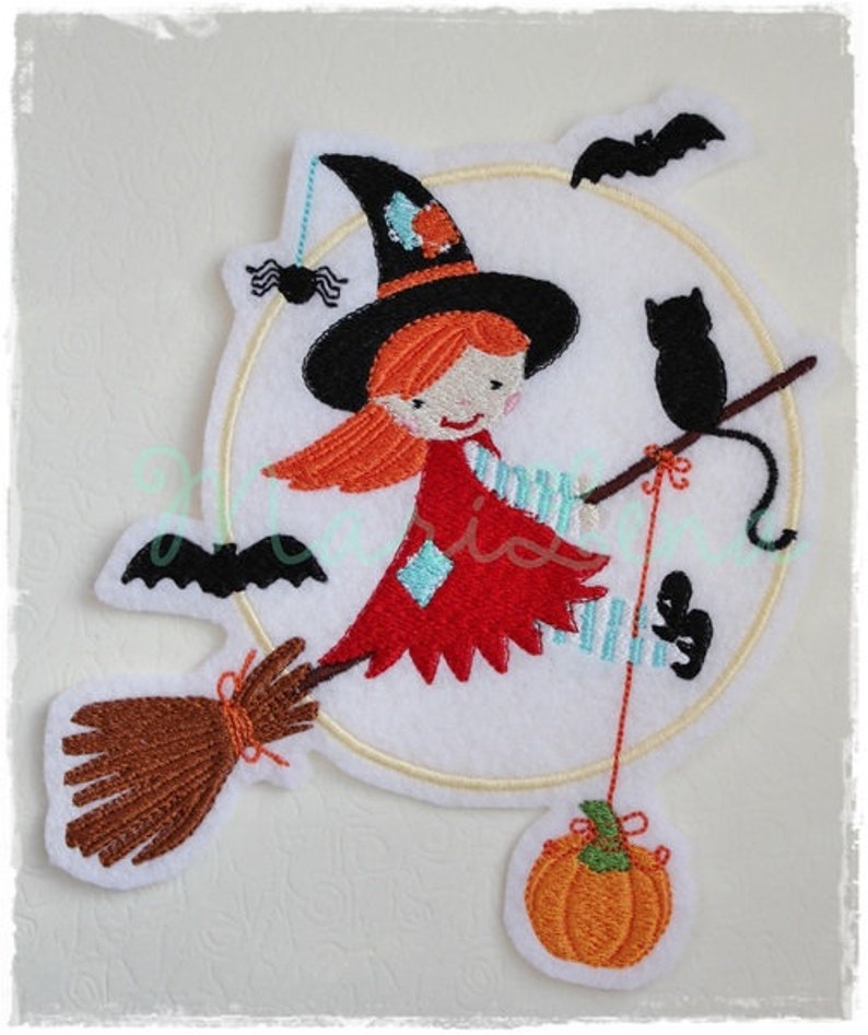 Stickdatei Hexe Lil Witch Füll 13x18 Stickmuster Stickmotiv embroidery pattern witch bat cat Bild 2