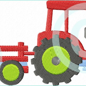 May include: A red tractor with a matching wagon, featuring black tires with green centers. The tractor has a gray smokestack and steering wheel. The design includes the text "MariLena Stoffzaubereien" in the upper left corner.