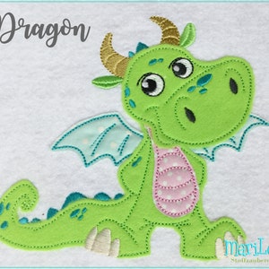 May include: Green dragon with a pink polka dot bib, blue wings, and a gold horn. The dragon is standing on a white background with the word "Dragon" written above it.