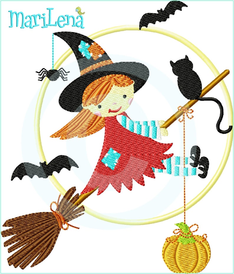 Stickdatei Hexe Lil Witch Füll 13x18 Stickmuster Stickmotiv embroidery pattern witch bat cat Bild 1
