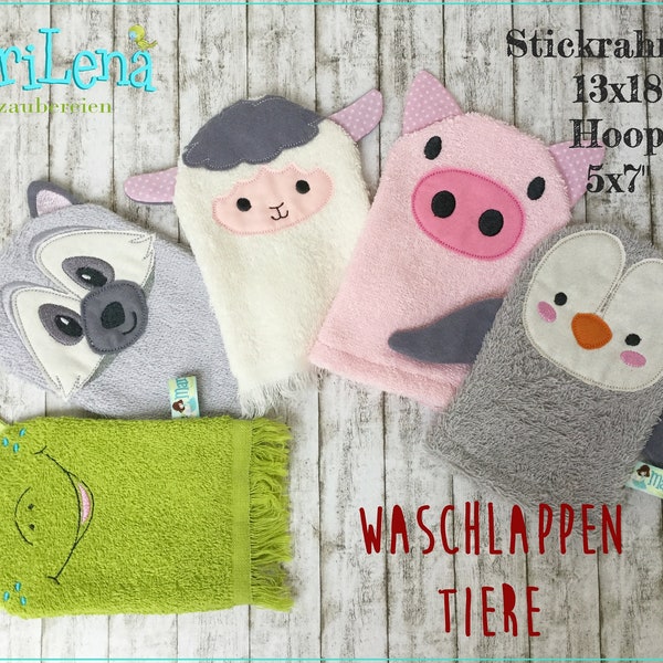 Stickdatei Set Waschlappen Waschhandschuh  Tiere 3 ITH 13x18 embroidery pattern Design Stickmuster Stickmotiv