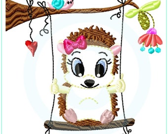 Embroidery file little hedgehog on swing appli 10x10 (4x4") embroidery pattern embroidery motif hedgehog embroidery pattern appliqué hedgehog