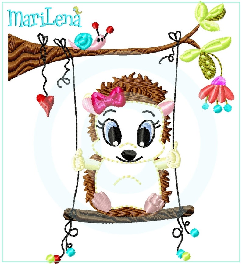 Stickdatei Igelinchen auf Schaukel Appli 10x10 4x4 Stickmuster Stickmotiv Igel embroidery pattern appliqué hedgehog Bild 1