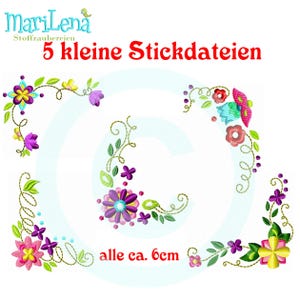 May include: Five embroidery designs featuring colorful floral corner motifs, each measuring approximately 6 cm. The designs are perfect for adding a touch of whimsy to your sewing projects.