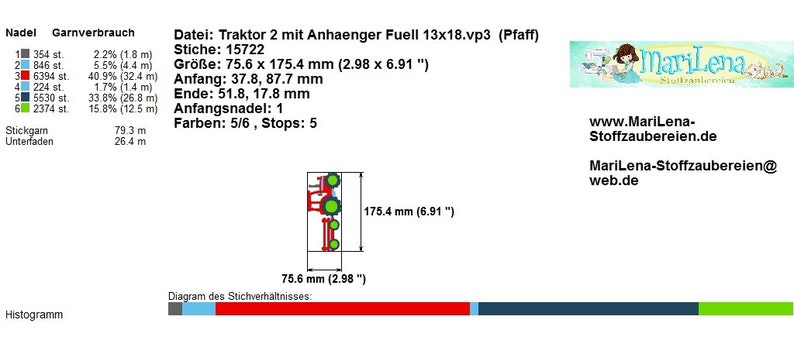 Stickdatei Traktor mit Anhänger Füll 13x18 5x7 Stickmuster Stickmotiv embroidery pattern Bild 2