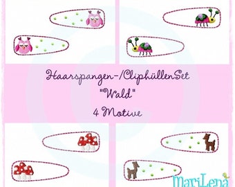 Stickdatei  HaarClip Set Wald   ITH Stickmuster Stickmotiv embroidery pattern  appliqué hair clip cover forest