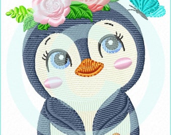 Stickdatei Pinguin Trendy 1 Füll 10x10 Stickmuster Stickmotiv  embroidery pattern penguin flower