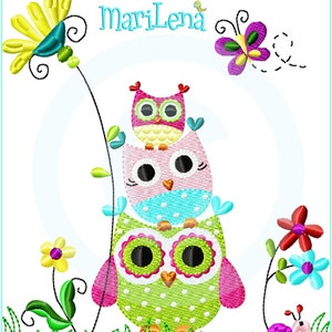 Stickdatei Eulen im Blumengarten Füll 13x18 5x7 Stickmuster Stickmotiv embroidery pattern owls flower Bild 1