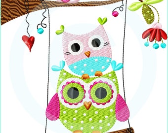 Embroidery file owls on swing filling 13x18 (5x7") embroidery pattern embroidery motif embroidery pattern owls on swing