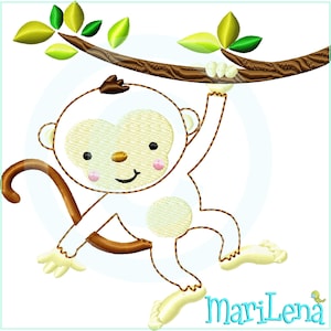 May include: A white monkey with brown eyes and a brown tail hangs from a green branch with green leaves. The monkey has a happy expression on its face.