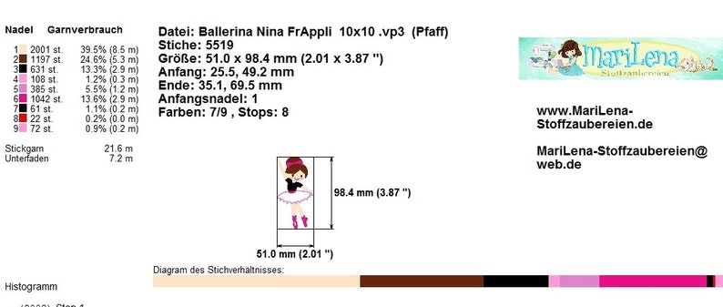 Stickdatei Nina Ballerina Appli 10x10 4x4 Stickmuster Stickmotiv embroidery pattern Bild 2