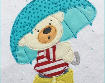 Stickdatei  Bär mit Regenschirm Appli 10x10 (4x4") Stickmuster Stickmotiv embroidery pattern  appliqué doodle bear umbrella