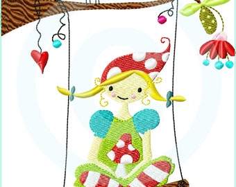 Stickdatei Wichtel Myra auf Schaukel Füll 13x18 (5x7") Stickmuster Stickmotiv embroidery pattern  fairy gnome elf