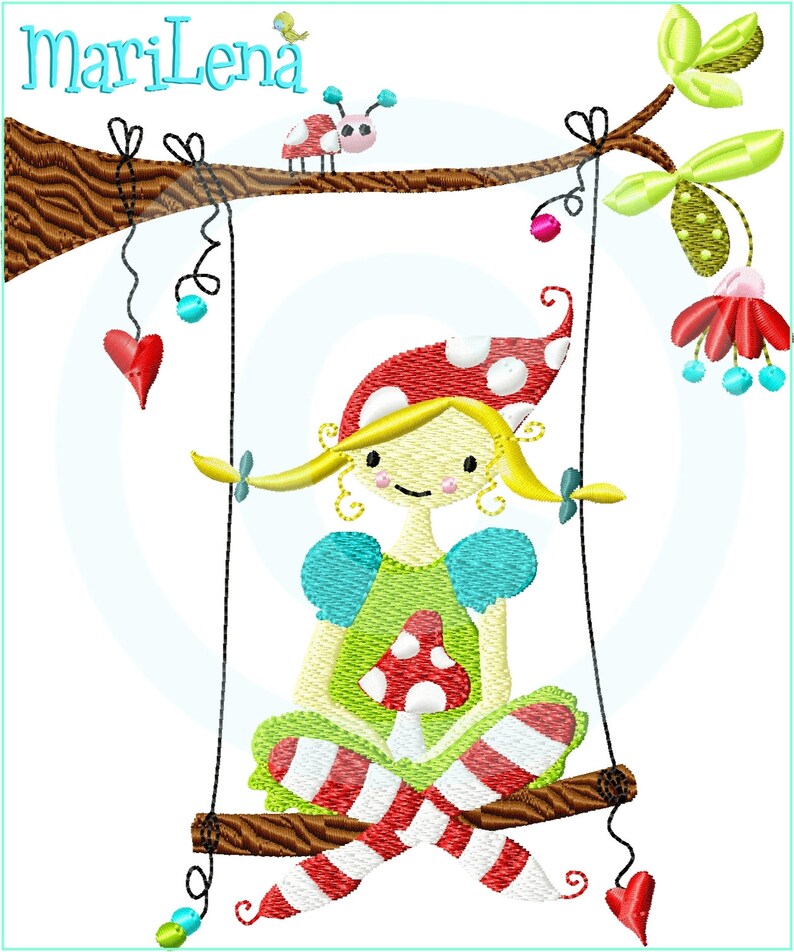 Stickdatei Wichtel Myra auf Schaukel Füll 13x18 5x7 Stickmuster Stickmotiv embroidery pattern fairy gnome elf Bild 1