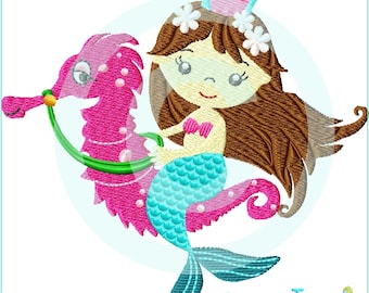 Stickdatei  Meerjungfrau auf Seepferd  Füll 13x18 (5x7")  Nixe Stickmuster Stickmotiv embroidery pattern mermaid embroidery