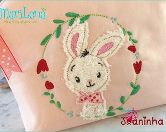 Stickdatei Hase Blumenkranz 1 Appli 10x10 Stickmuster Ostern  Stickmotiv Easter embroidery pattern bunny wreath appliqué doodle button