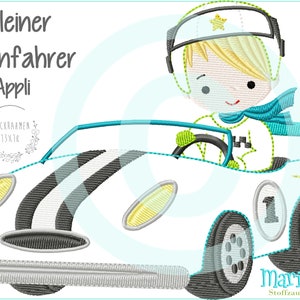 Stickdatei Rennfaher Appli 13x18 (5x7&quot;)  embroidery pattern race driver race car Stickmuster Stickmotiv Rennauto