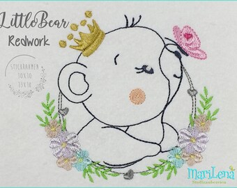 Embroidery file LittleBear PrinceSs Redwork 10x10 Doodle embroidery pattern bear prince princess butterfly embroidery pattern embroidery motif