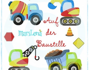 Stickdateien PuschenSet Baustelle ca. 6cm Stickmuster Stickmotiv embroidery pattern  for baby shoes boys construction engines