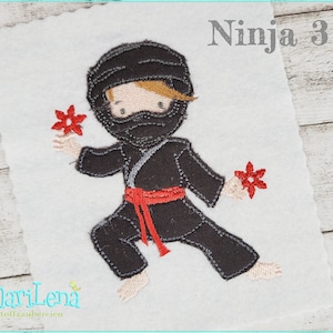 May include: Embroidered design of a cartoon ninja in black clothing with a red belt, holding red throwing stars. The design is titled "Ninja 3".