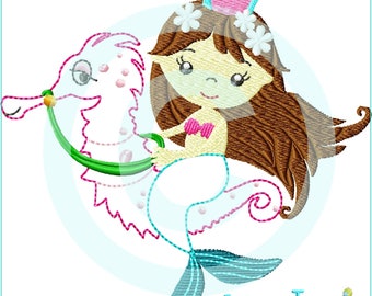 Stickdatei Mermaid auf Seepferd  Appli 13x18 (5x7") Meerjungfrau Nixe Stickmuster Stickmotiv embroidery pattern  appliqué