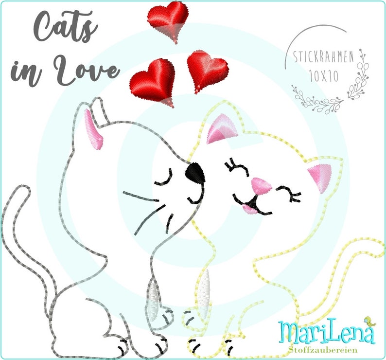 Stickdatei Cats in Love Appli 10x10 4x4 Stickmuster Stickmotiv Katzen embroidery pattern appliqué Bild 1