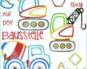 Stickdateien Set Auf der Baustelle  Appli 13x18 Stickmuster Stickmotiv embroidery pattern  appliqué construction engine