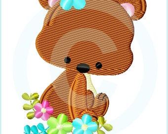 Stickdatei Bär Spring Teddy  Blume Füll 10x10 (4x4")  Stickmuster Stickmotiv embroidery pattern  appliqué bear flower