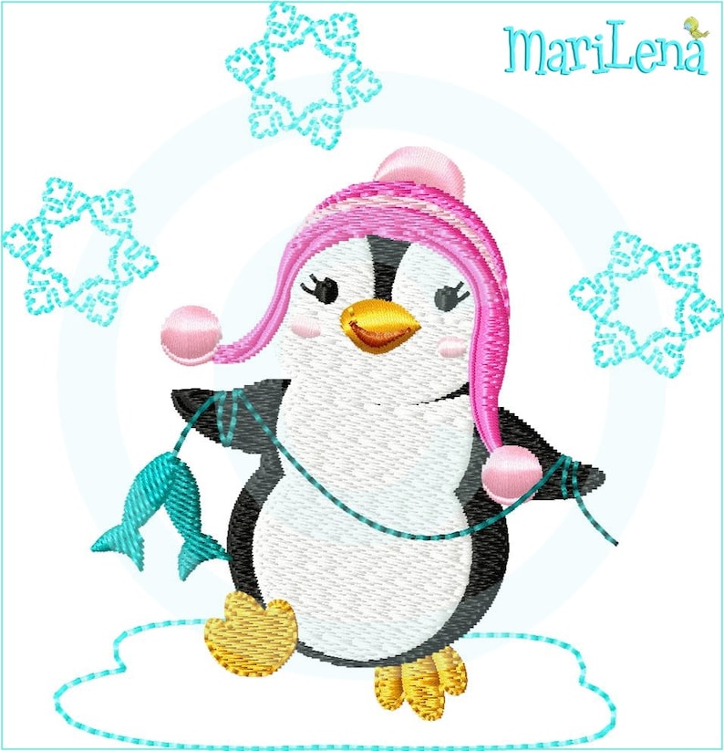 Stickdatei Pingi beim Angeln Füll 10x10 4x4 Stickmuster Stickmotiv Pinguin embroidery pattern penguin Bild 1