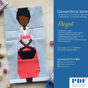 Könnte beinhalten: Ein digitaler Download-Schnittmuster für einen Papierpuppen-Patchworkblock mit einer Frau mit brauner Haut, die ein rotes Kleid mit Blumenmuster trägt. Das Schnittmuster trägt den Titel "Margaret" und ist Teil der Patchworkblock-Kollektion "Generations Series". Das Schnittmuster beinhaltet vollflächige Foundation Paper Patterns, schattierte FPPs für eine einfache Montage, ein Malbild zum selbstgestalten, einfache bebilderte Anleitungen, Kombinationsmöglichkeiten mit anderen Figuren und eine DIN A4-Seitengröße. Die Blockgröße beträgt 15,24 cm x 30,48 cm fertiggestellt und der Schwierigkeitsgrad ist mittel.