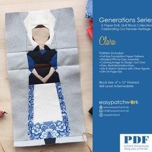 Op de afbeelding: Een papieren poppen quiltblokpatroon voor een vrouw in een blauw-witte jurk en een witte muts. Het patroon heet "Clara" en maakt deel uit van de "Generations Series" quiltblokcollectie. Het patroon bevat volwaardige funderingspatronen, gearceerde FPP's voor eenvoudige montage, een kleurplaat om zelf te ontwerpen, eenvoudige, geïllustreerde instructies, mix-and-match opties met andere figuren en een DIN A4-paginaformaat. De blokmaat is 6 inch bij 12 inch en het vaardigheidsniveau is gemiddeld. Het patroon is beschikbaar als PDF-download en vereist een printer.